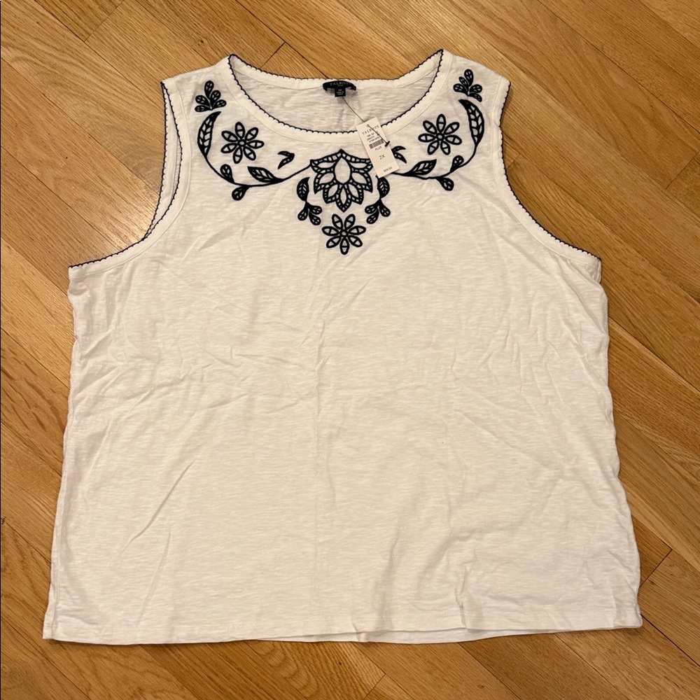 Talbots White Tank Top with Black Embroidery
